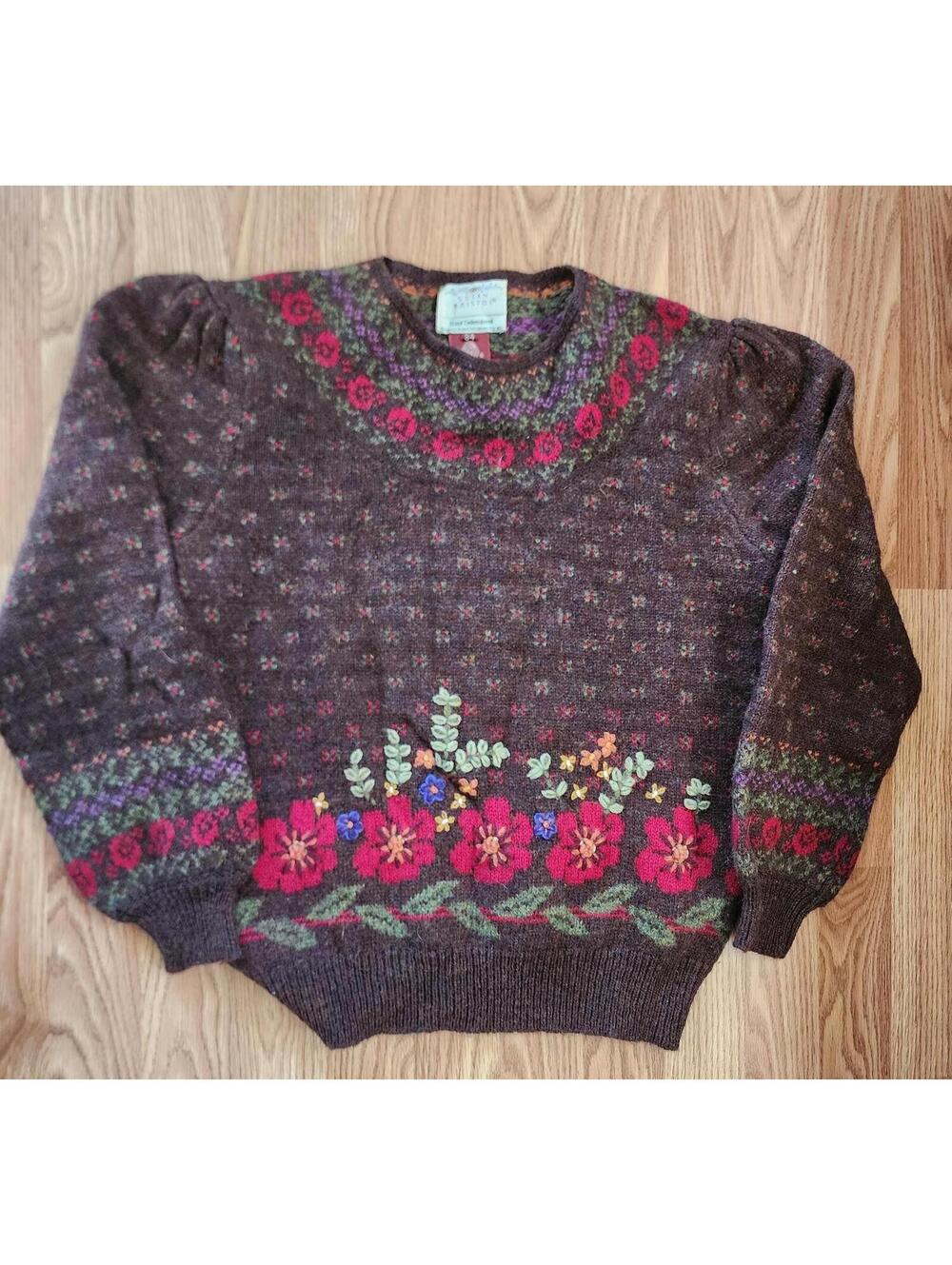 Floral Peasant Wool Vintage Susan Bristol Brown Sweater,  embroidery, SZ S/UK 34